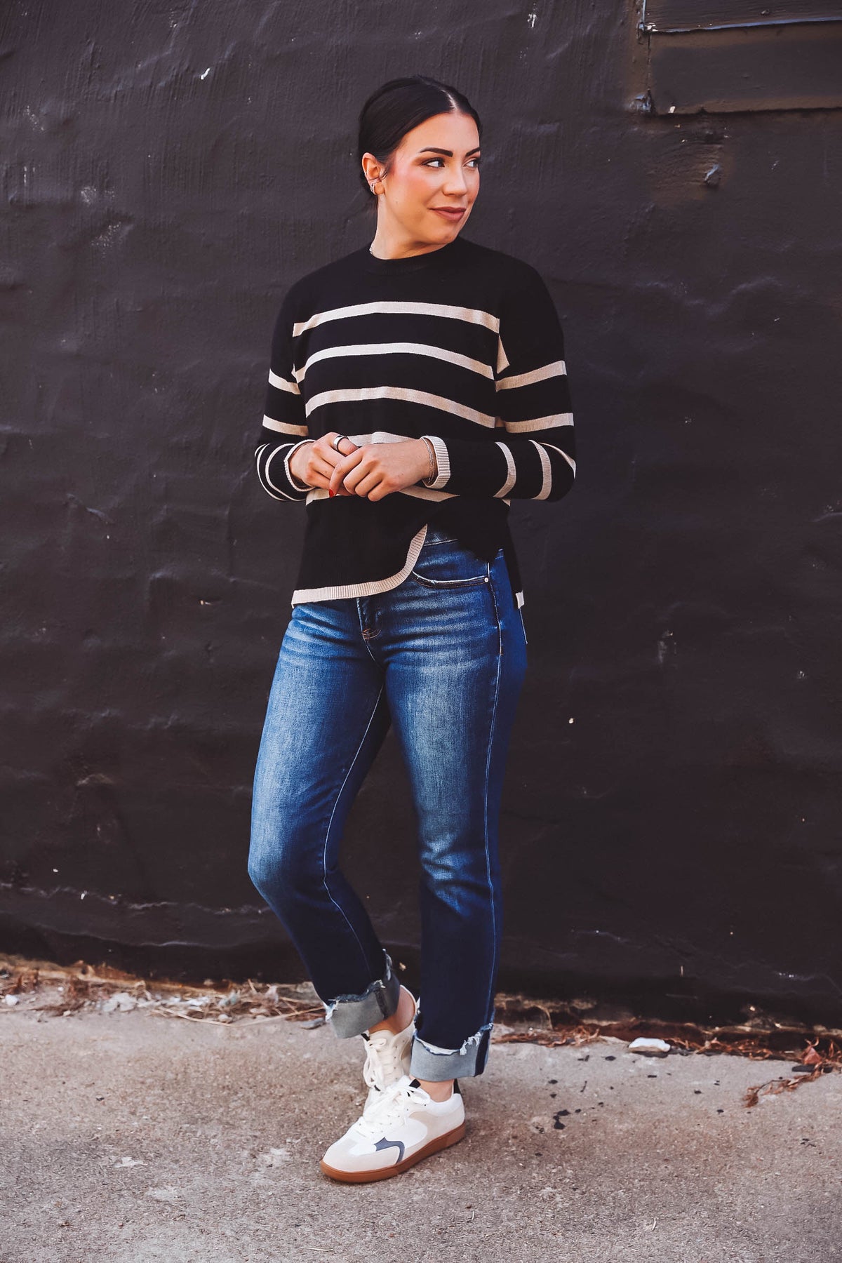 Elyssa Striped Sweater-Black