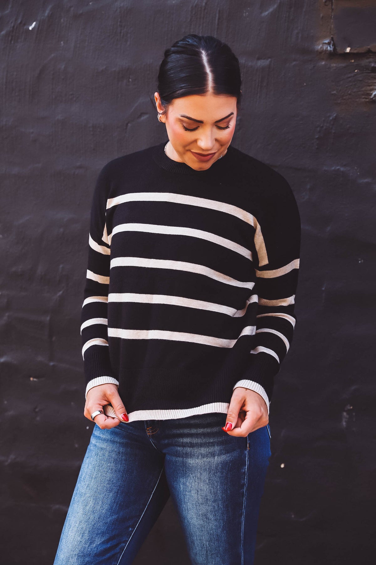 Elyssa Striped Sweater-Black