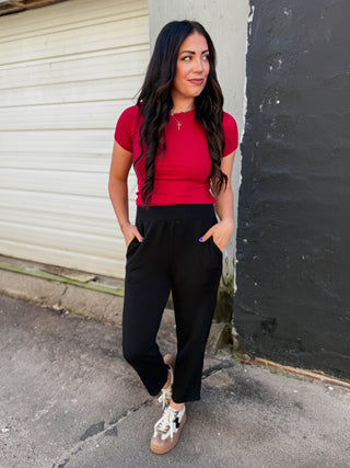 Essential Ribbed Tee-Garnet Red