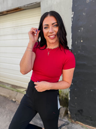 Essential Ribbed Tee-Garnet Red