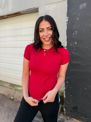 Essential Ribbed Tee-Garnet Red