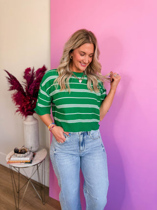 Kaelyn Striped Knit Top-Green