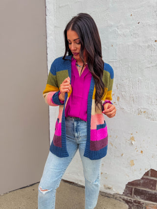 Allison Color Block Cardigan-Blue/Olive