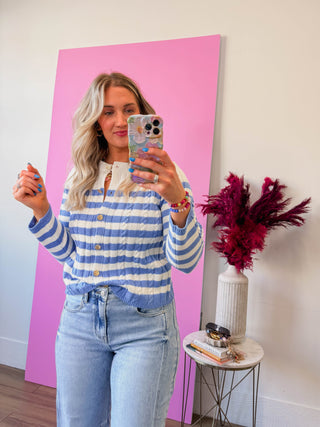 Kayla Striped Cardigan-Blue