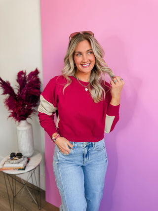 Vintage Vibes Color Block Sweatshirt-Plum Pink