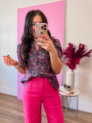 Lydia Floral Top-Navy