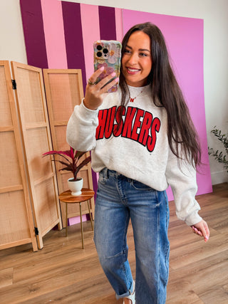 Huskers Polka Dot Sewn Mockneck-Grey