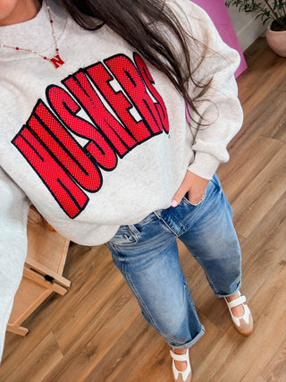 Huskers Polka Dot Sewn Mockneck-Grey