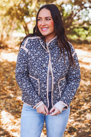 Mari Floral Quilted Jacket-Navy