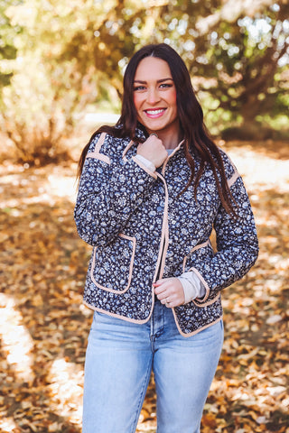 Mari Floral Quilted Jacket-Navy