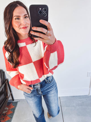 Cora Checkered Sweater-Coral