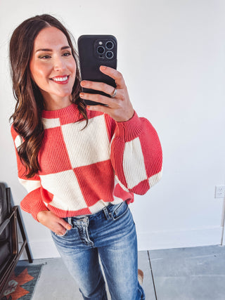 Cora Checkered Sweater-Coral