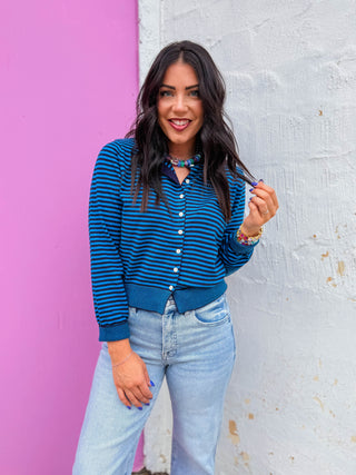 Montana Striped Cardigan-Teal/Navy