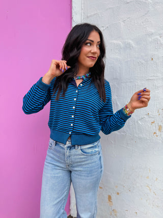 Montana Striped Cardigan-Teal/Navy