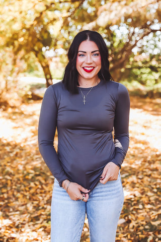 Laci Basic Long Sleeve Top-Charcoal