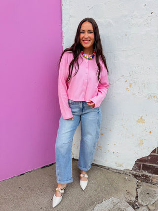 Lainey Waffle Knit Top-Pink