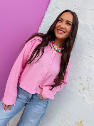 Lainey Waffle Knit Top-Pink