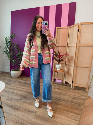 Blaine Striped Cardigan-Rose/Matcha/Pink
