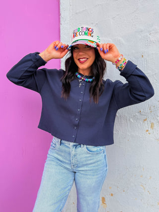 Lainey Waffle Knit Top-Navy