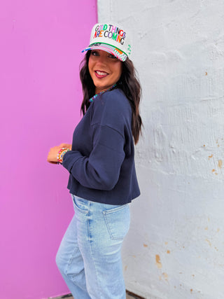 Lainey Waffle Knit Top-Navy