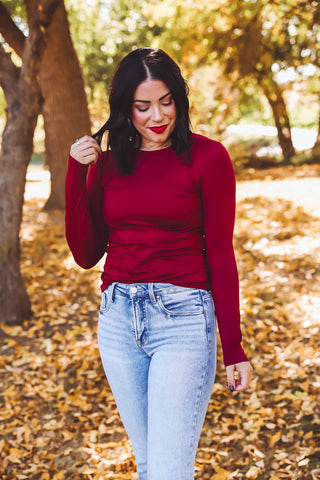 Laci Basic Long Sleeve Top-Cabernet