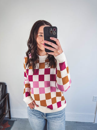 Josie Checkered Sweater-Pink