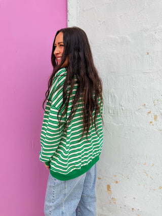Kameron Striped Mock Neck-Cream/Green
