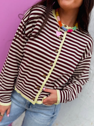 Rylee Striped Cardigan-Bordeaux/Butter