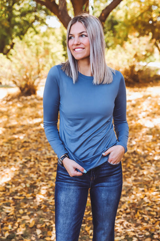 Laci Basic Long Sleeve Top-Dusty Blue