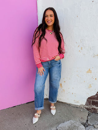 Chelsey Striped Pullover-Raspberry Red