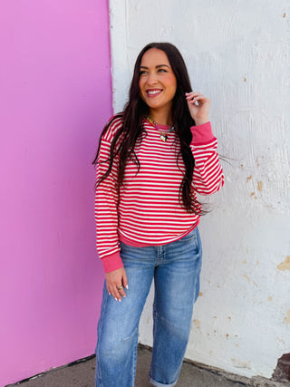 Chelsey Striped Pullover-Raspberry Red