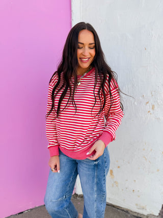 Chelsey Striped Pullover-Raspberry Red