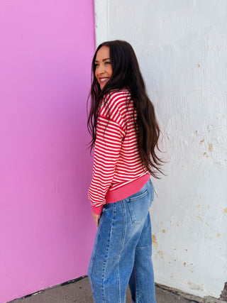 Chelsey Striped Pullover-Raspberry Red