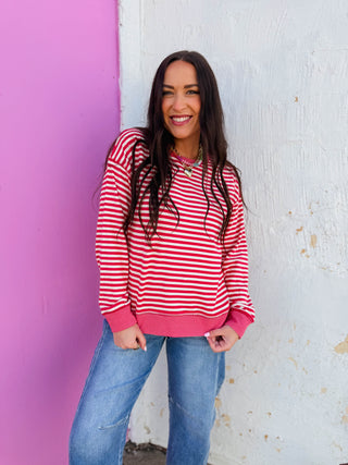 Chelsey Striped Pullover-Raspberry Red