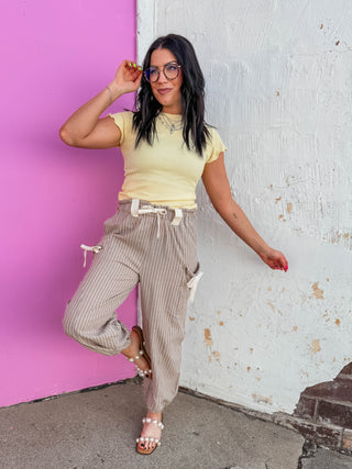 Josie Striped Pants-Taupe/White