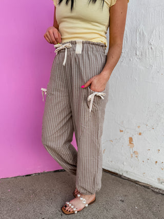 Josie Striped Pants-Taupe/White