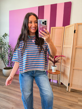 Hayden Striped Tee-Denim/Salmon
