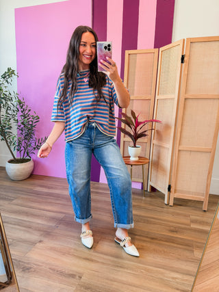 Hayden Striped Tee-Denim/Salmon