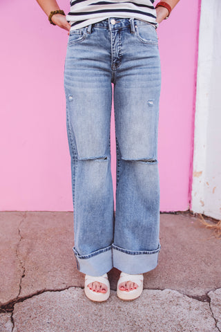 Quincy Mid Rise Cuffed Wide Leg Denim