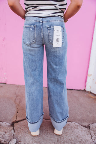 Quincy Mid Rise Cuffed Wide Leg Denim