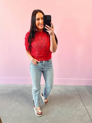 Kylie Knit Top-Coral Red