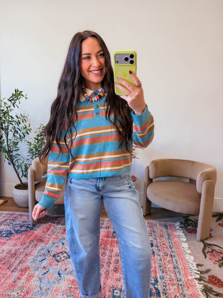 Elevate your everyday wardrobe with this charming Rowan Striped Knit Top. Featuring a modern color-block striped design, this piece combines contemporary style with classic comfort. The collared button neckline adds a polished touch, making it versatile enough for casual outings or layered styling. Crafted from quality knit fabric, it's the perfect go-to for trend-conscious wardrobes looking for effortless, cute style.