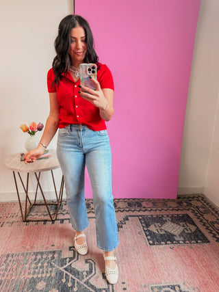 Maya Ribbed Button Down Tee-Cherry