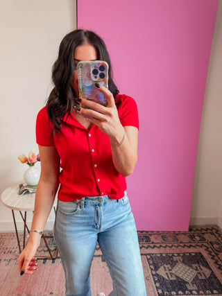 Maya Ribbed Button Down Tee-Cherry