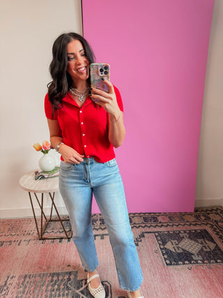 Maya Ribbed Button Down Tee-Cherry