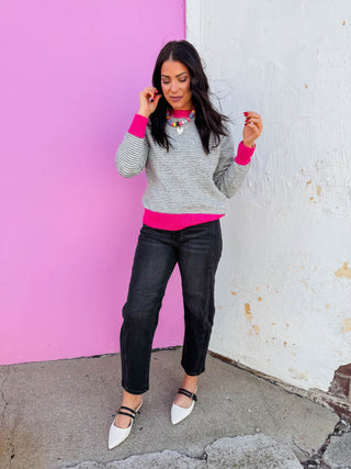 Karlie Striped Sweater-Grey/Pink