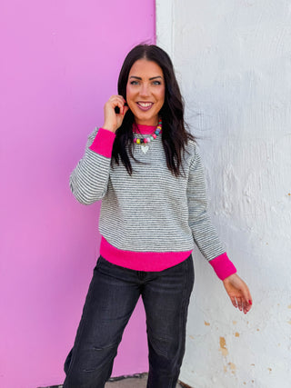 Karlie Striped Sweater-Grey/Pink