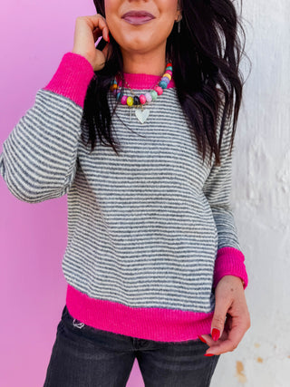 Karlie Striped Sweater-Grey/Pink