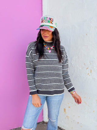 Meg Striped Sweater-Charcoal