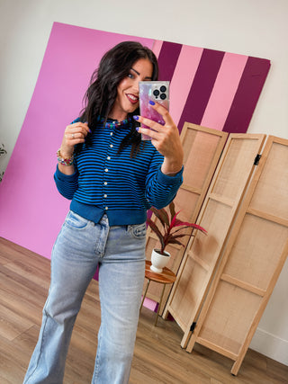 Montana Striped Cardigan-Teal/Navy